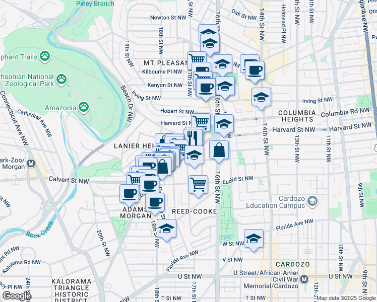 map of restaurants, bars, coffee shops, grocery stores, and more near 1673 Columbia Road Northwest in Washington