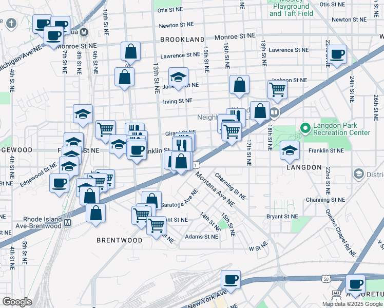 map of restaurants, bars, coffee shops, grocery stores, and more near 2711 14th Street Northeast in Washington