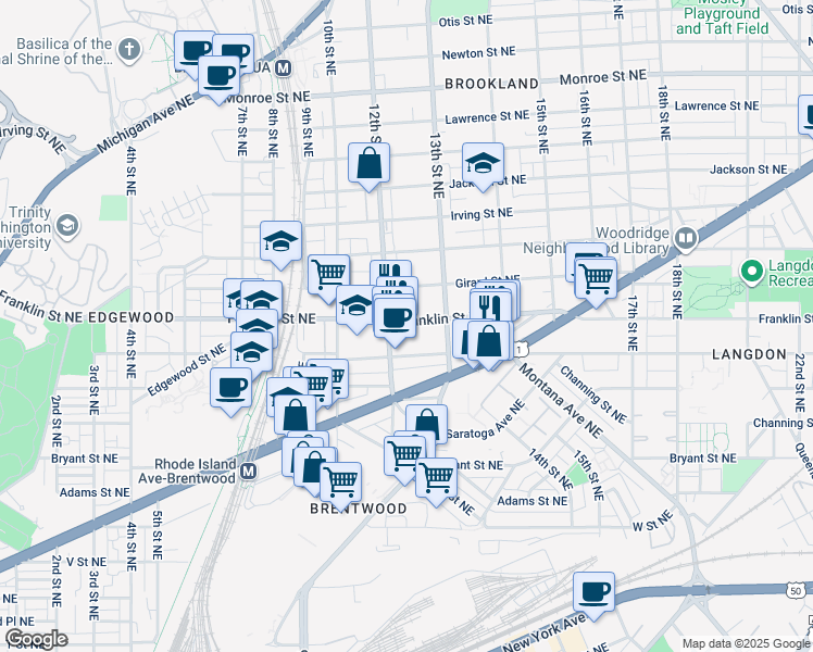 map of restaurants, bars, coffee shops, grocery stores, and more near 1235 Franklin Street Northeast in Washington