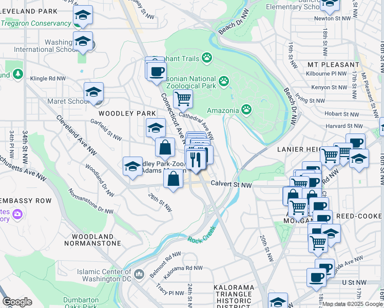 map of restaurants, bars, coffee shops, grocery stores, and more near 2600 Woodley Road Northwest in Washington