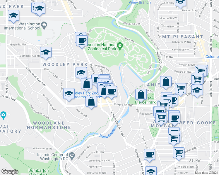 map of restaurants, bars, coffee shops, grocery stores, and more near Woodley Road Northwest & Woodley Place Northwest in Washington