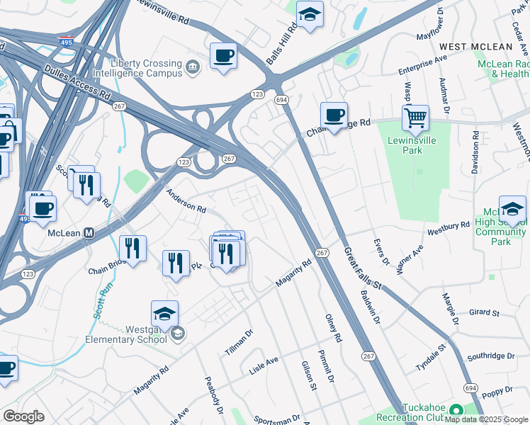 map of restaurants, bars, coffee shops, grocery stores, and more near 1652 Colonial Hills Drive in McLean