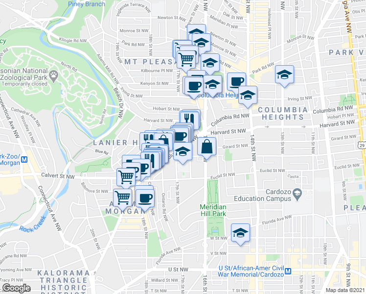 map of restaurants, bars, coffee shops, grocery stores, and more near Columbia Road Northwest & Quarry Road Northwest in Washington