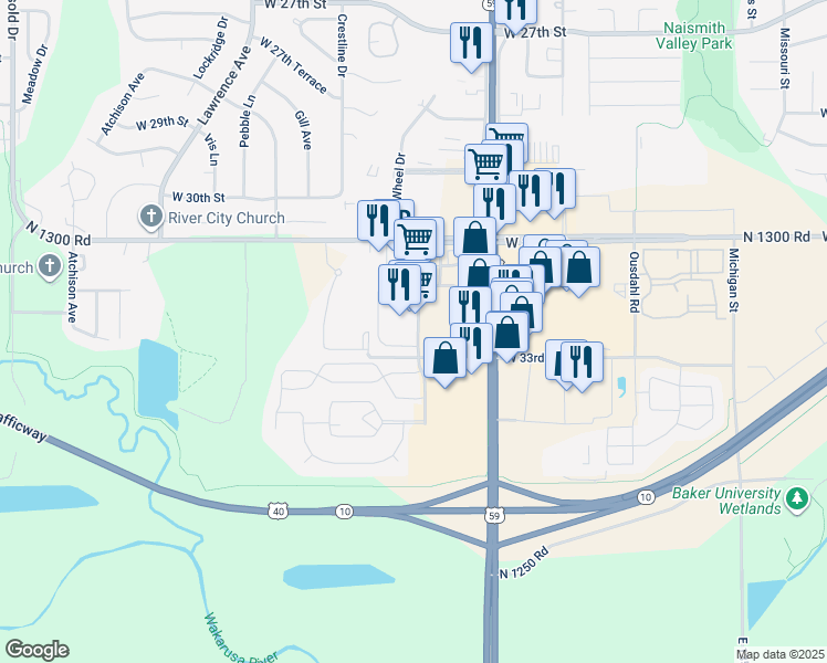 map of restaurants, bars, coffee shops, grocery stores, and more near 3201 South Iowa Street in Lawrence
