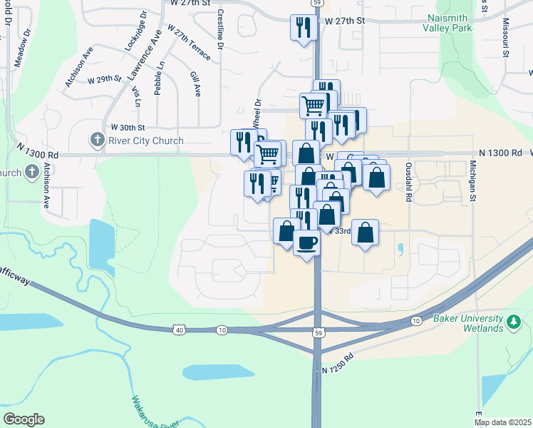 map of restaurants, bars, coffee shops, grocery stores, and more near 3201 South Iowa Street in Lawrence