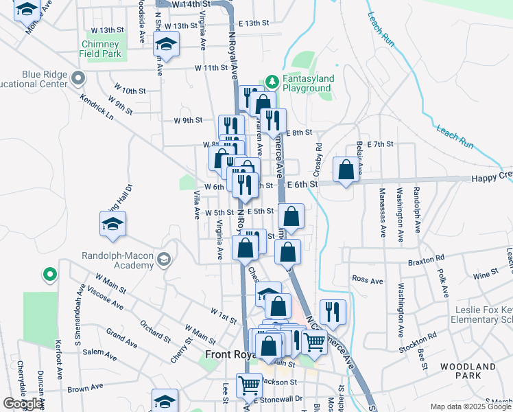 map of restaurants, bars, coffee shops, grocery stores, and more near 508 Warren Ave in Front Royal