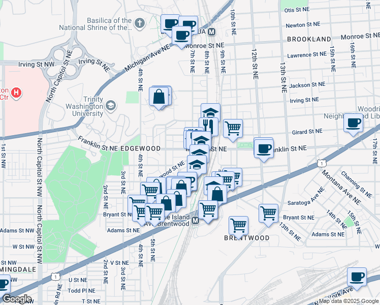 map of restaurants, bars, coffee shops, grocery stores, and more near 2720 7th Street Northeast in Washington