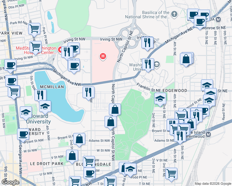 map of restaurants, bars, coffee shops, grocery stores, and more near 101 Independence Avenue Southeast in Washington