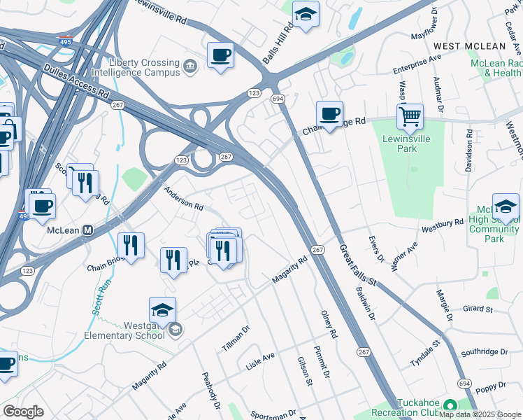 map of restaurants, bars, coffee shops, grocery stores, and more near 1652 Colonial Hills Drive in McLean