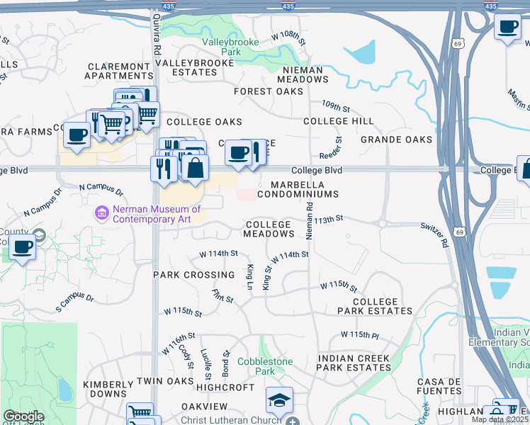map of restaurants, bars, coffee shops, grocery stores, and more near 11329 West 112th Terrace in Overland Park