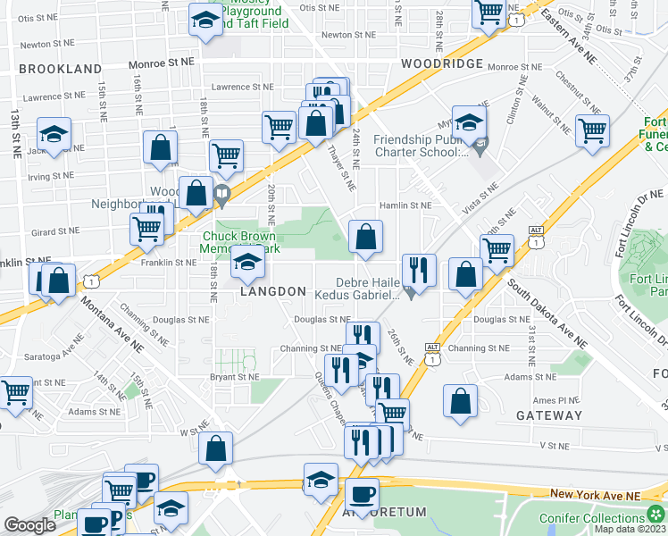 map of restaurants, bars, coffee shops, grocery stores, and more near 2209 Franklin Street Northeast in Washington