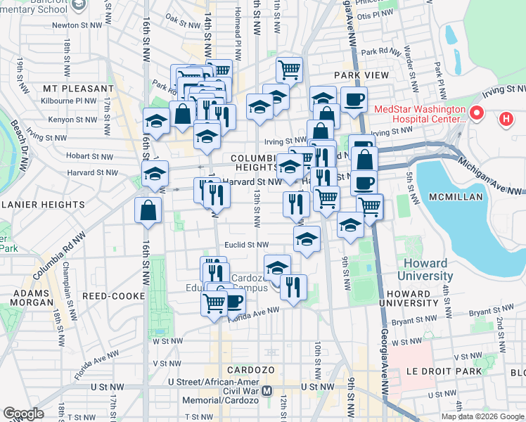 map of restaurants, bars, coffee shops, grocery stores, and more near 101 Independence Avenue Southeast in Washington