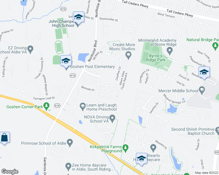 map of restaurants, bars, coffee shops, grocery stores, and more near 25108 Coats Square in Aldie