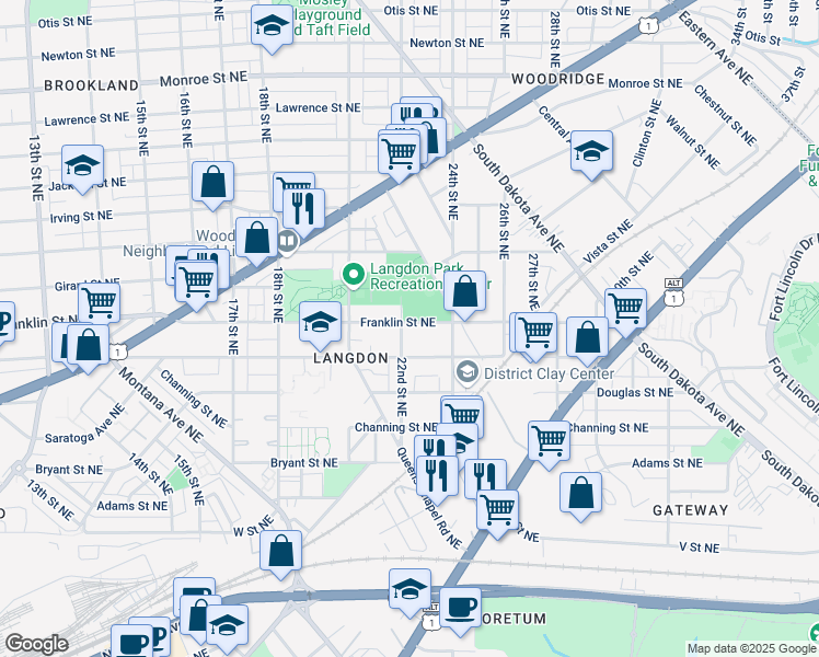 map of restaurants, bars, coffee shops, grocery stores, and more near 2715 22nd Street Northeast in Washington