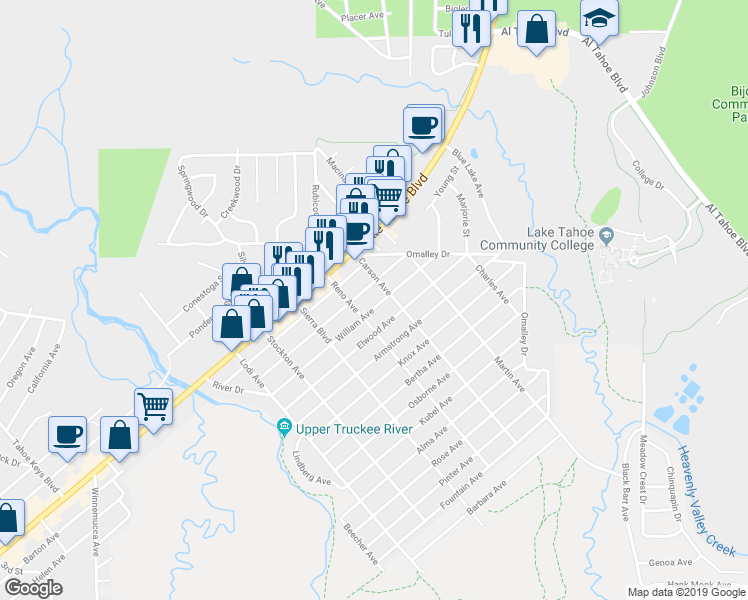 map of restaurants, bars, coffee shops, grocery stores, and more near 2613 William Avenue in South Lake Tahoe