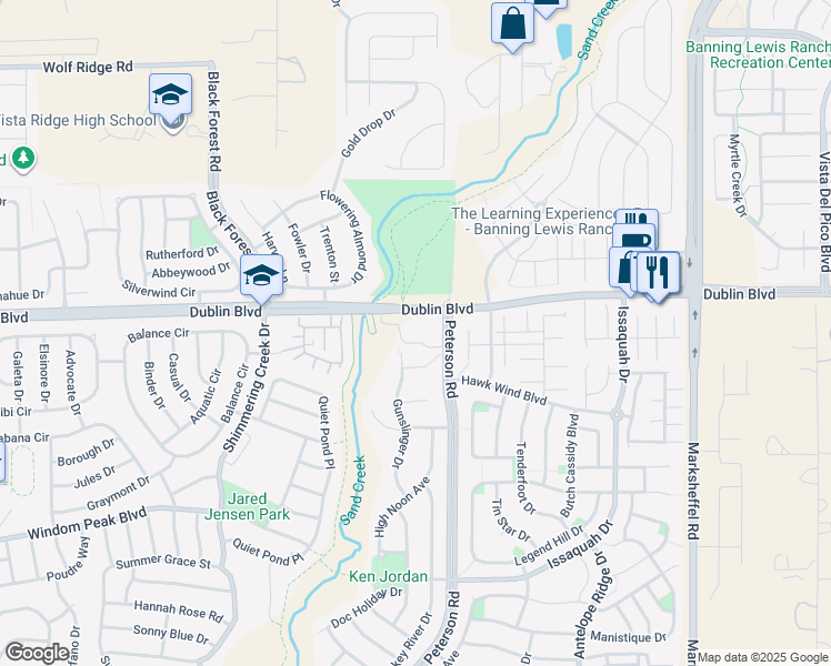 map of restaurants, bars, coffee shops, grocery stores, and more near 7404 Gunslinger Drive in Colorado Springs