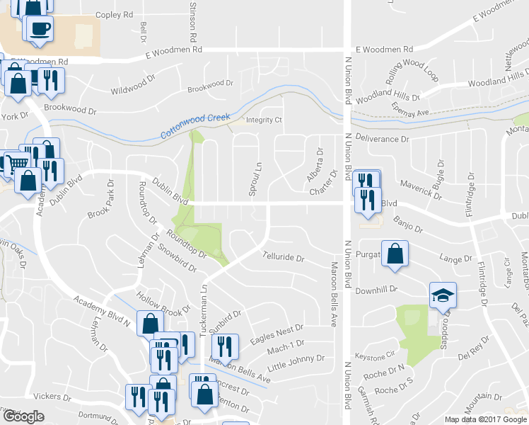 map of restaurants, bars, coffee shops, grocery stores, and more near 2630 Purgatory Drive in Colorado Springs