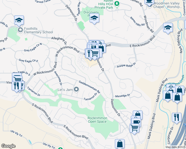 map of restaurants, bars, coffee shops, grocery stores, and more near 6450 Hawkeye Circle in Colorado Springs