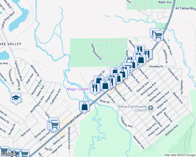 map of restaurants, bars, coffee shops, grocery stores, and more near 10 Ponderosa Street in South Lake Tahoe
