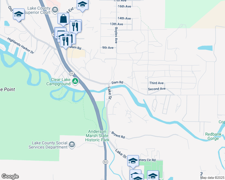 map of restaurants, bars, coffee shops, grocery stores, and more near 8050 Lake Street in Lower Lake