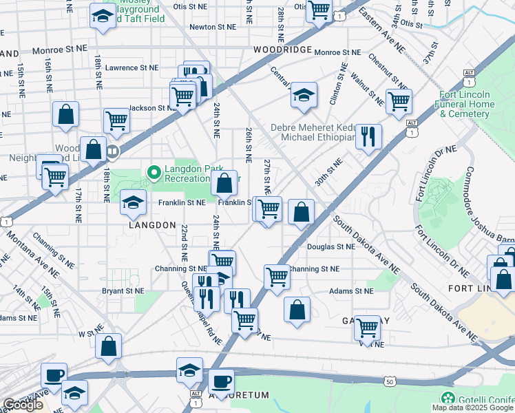 map of restaurants, bars, coffee shops, grocery stores, and more near 2613 Franklin Street Northeast in Washington