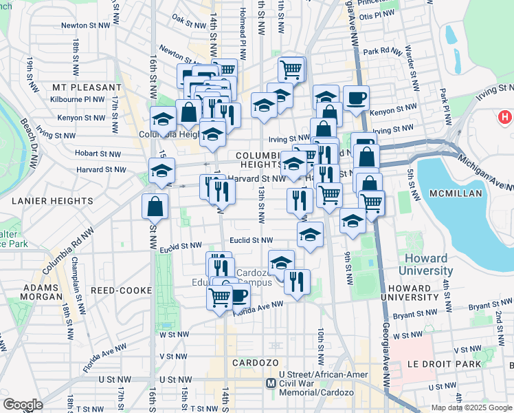 map of restaurants, bars, coffee shops, grocery stores, and more near 2701 13th Street Northwest in Washington