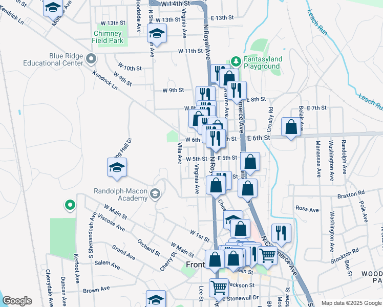 map of restaurants, bars, coffee shops, grocery stores, and more near 506 Virginia Avenue in Front Royal
