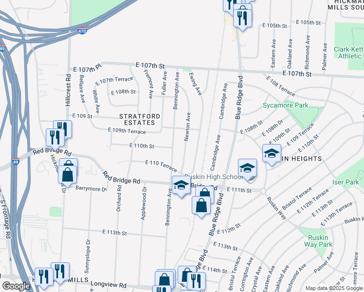 map of restaurants, bars, coffee shops, grocery stores, and more near 11001 Bennington Avenue in Kansas City
