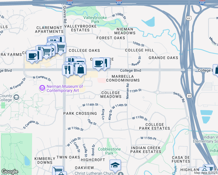 map of restaurants, bars, coffee shops, grocery stores, and more near 11329 West 112th Terrace in Overland Park