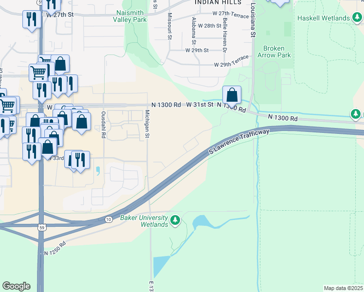map of restaurants, bars, coffee shops, grocery stores, and more near 3250 Michigan Street in Lawrence