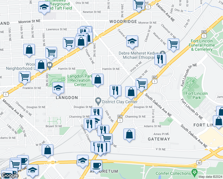 map of restaurants, bars, coffee shops, grocery stores, and more near 2609 Franklin Street Northeast in Washington