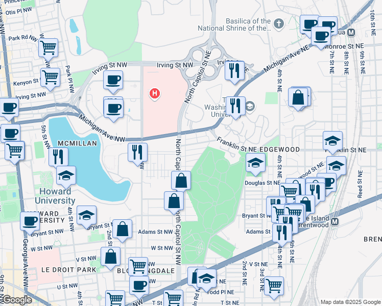 map of restaurants, bars, coffee shops, grocery stores, and more near 22 Franklin Street Northeast in Washington