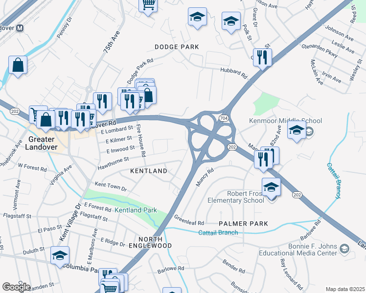 map of restaurants, bars, coffee shops, grocery stores, and more near 7516 Hawthorne Street in Hyattsville