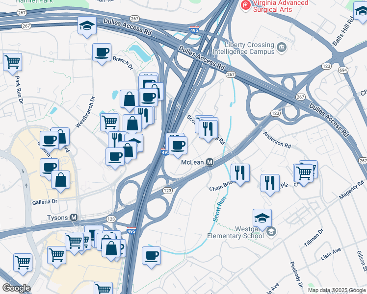 map of restaurants, bars, coffee shops, grocery stores, and more near 1600 Capital One Drive in McLean