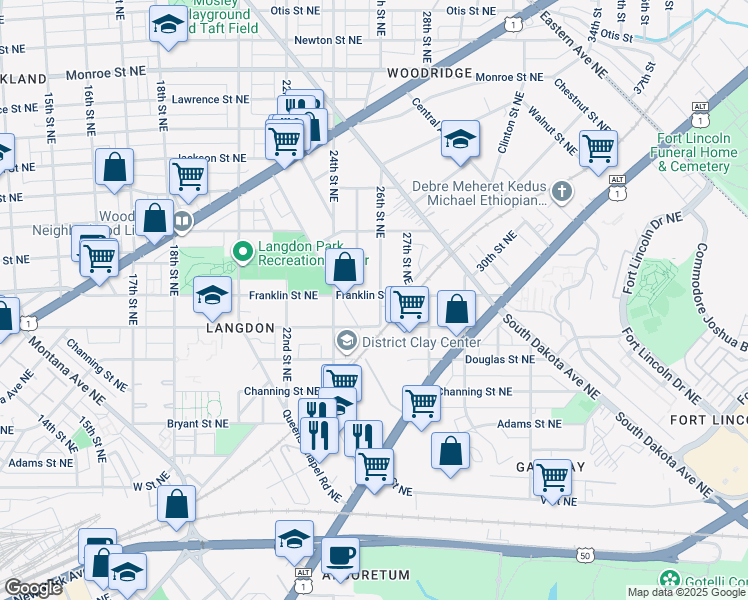 map of restaurants, bars, coffee shops, grocery stores, and more near 2722 26th Street Northeast in Washington