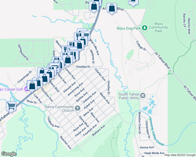 map of restaurants, bars, coffee shops, grocery stores, and more near 2698 Bertha Avenue in South Lake Tahoe