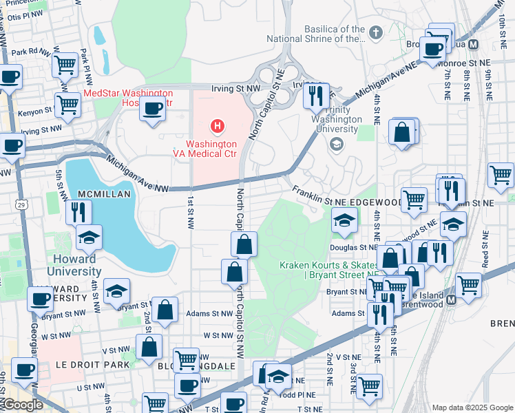 map of restaurants, bars, coffee shops, grocery stores, and more near 22 Franklin Street Northeast in Washington
