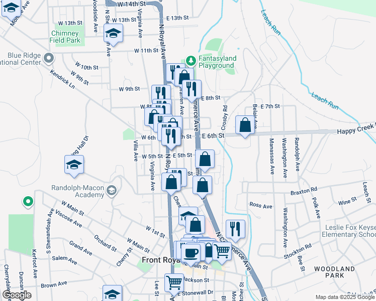 map of restaurants, bars, coffee shops, grocery stores, and more near 509 Warren Ave in Front Royal