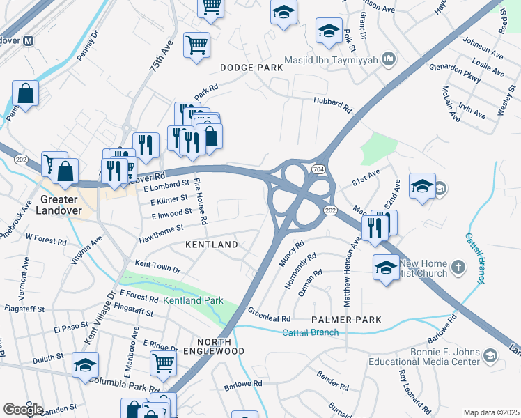 map of restaurants, bars, coffee shops, grocery stores, and more near 7514 Hawthorne Street in Hyattsville