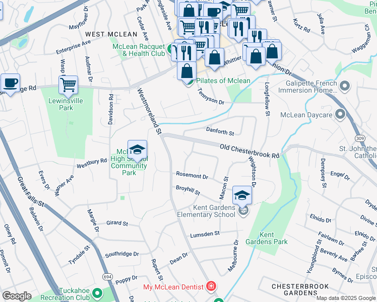map of restaurants, bars, coffee shops, grocery stores, and more near 1604 Simmons Drive in McLean