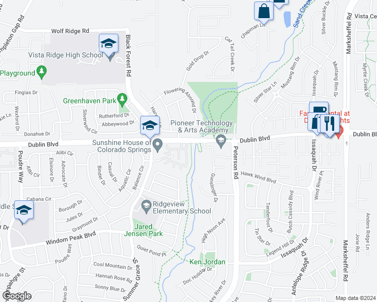 map of restaurants, bars, coffee shops, grocery stores, and more near 7125 Red Sand Grove in Colorado Springs