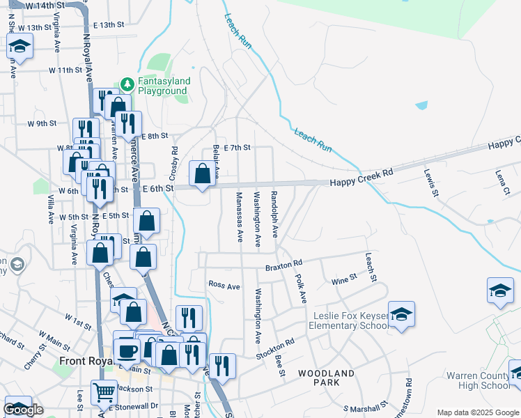 map of restaurants, bars, coffee shops, grocery stores, and more near 513 Washington Avenue in Front Royal