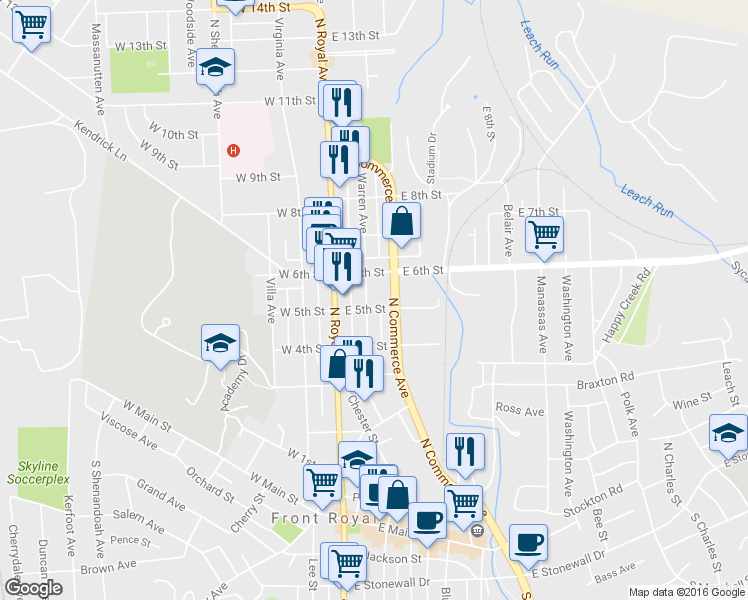 map of restaurants, bars, coffee shops, grocery stores, and more near 509 Warren Ave in Front Royal