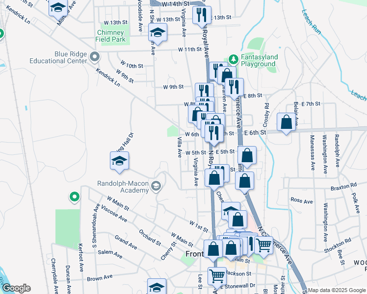 map of restaurants, bars, coffee shops, grocery stores, and more near 515 Villa Avenue in Front Royal