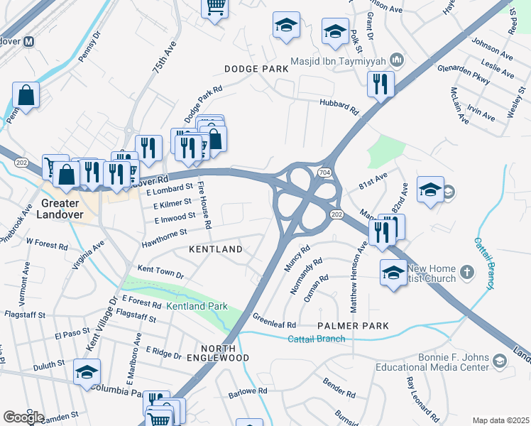 map of restaurants, bars, coffee shops, grocery stores, and more near 7516 Hawthorne Street in Greater Landover