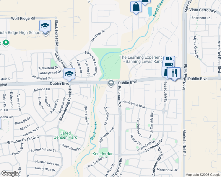 map of restaurants, bars, coffee shops, grocery stores, and more near 6464 Peterson Road in Colorado Springs