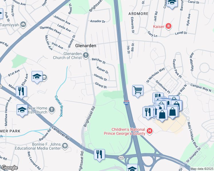 map of restaurants, bars, coffee shops, grocery stores, and more near 8614 Girard Street in Summerfield