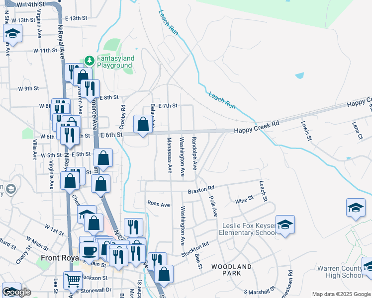 map of restaurants, bars, coffee shops, grocery stores, and more near 513 Washington Avenue in Front Royal
