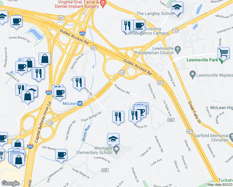 map of restaurants, bars, coffee shops, grocery stores, and more near 1614 Anderson Road in Tysons