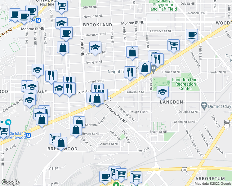 map of restaurants, bars, coffee shops, grocery stores, and more near Rhode Island Ave NE & 15th St NE in Washington
